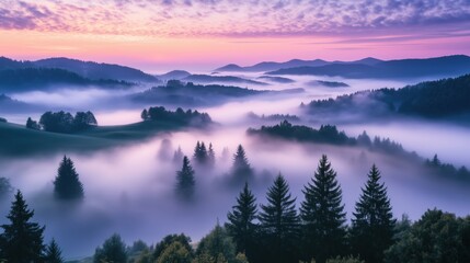 A serene dawn scene unfolds as mist weaves through the trees, creating an ethereal, tranquil atmosphere in the soft light.