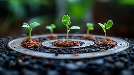 Young plants growing in a circular pattern on a coin, symbolizing growth, investment, and financial success