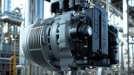 Fototapeta premium Industrial electric motor detail, showing connections and rugged design within a petrochemical plant.