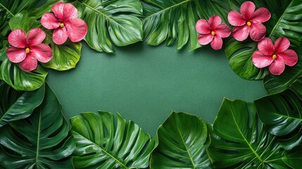Lush Green Leaves Frame Pink Hibiscus Flowers