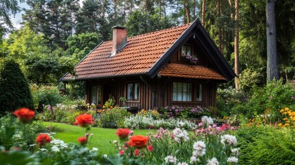 A small house with a red roof and a garden in front of it