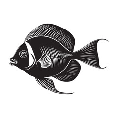 A black and white drawing of a fish with a mouth open