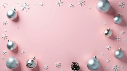 Fototapeta premium Pink Background with Silver and Gold Ornaments and Snowflakes for Festive Season