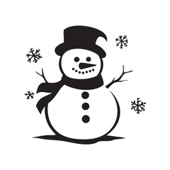 A black and white snowman with a hat and scarf