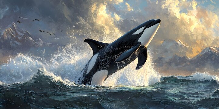 Orca Breaching in Stormy Ocean