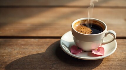 Warm Aromatic Coffee with Sweet Heart Decorations on Rustic Wood