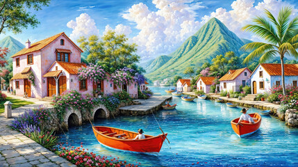 Oil painting of a small town on the Mediterranean Sea, mountains in the background, beautiful summer weather.