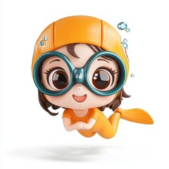Cute Cartoon Diver Character in Bright Orange Swimwear and Goggles