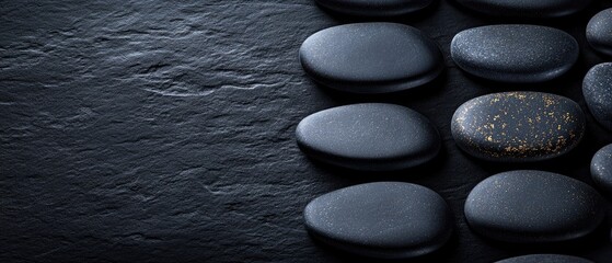 Dark stones arranged on a black slate background