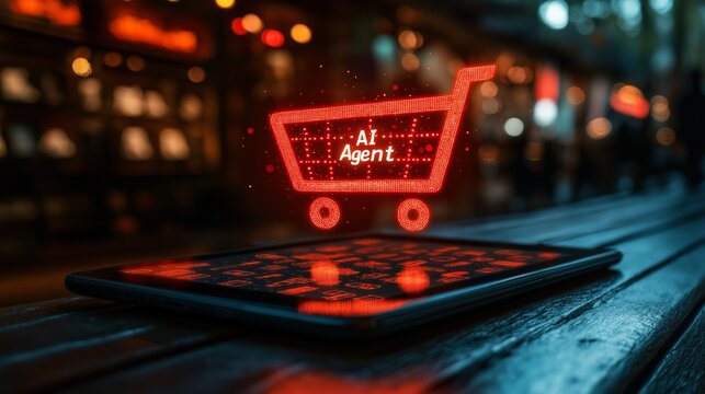 A glowing digital shopping cart with AI agent displayed on a tablet, representing the future of online shopping and technological innovation in e-commerce.. - Powered by Adobe