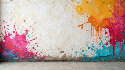 Vibrant paint splatters on a textured wall, creating a striking artistic backdrop