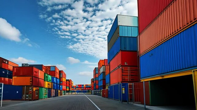 Colorful shipping containers stacked at a busy industrial port terminal.