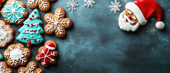 Festive Christmas Gingerbread Cookies Arranged On Dark Background