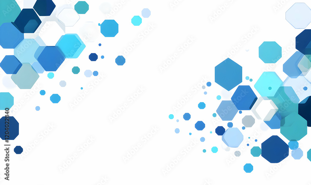 Poster abstract background with scattered blue hexagons of varying sizes and transparencies on a white back