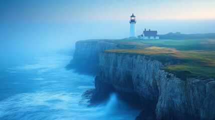 A coastline with rugged cliffs, waves crashing below, and a lighthouse perched at the edge of the land