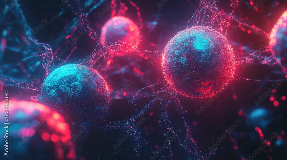 Poster futuristic neural network concept with interconnected glowing spheres representing data, intelligenc