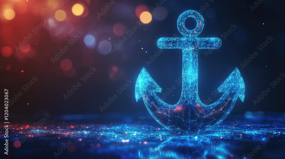 Poster glowing blue anchor rendered with interconnected digital lines and points, floating on a vibrant ani