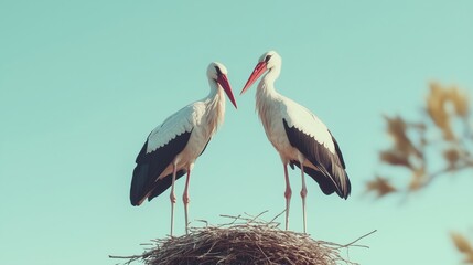 Fototapeta premium Two graceful storks stand tall on their nest, silhouetted against a bright blue sky, symbolizing unity and the promise of new life in nature.