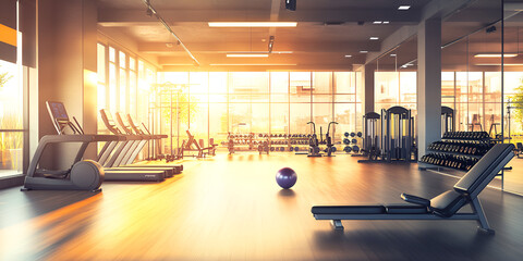 Modern Gym Interior with Morning Sunlight and Equipment
