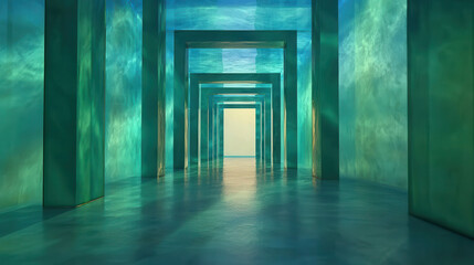 Obraz premium Immersive 3D Maze Experience with Glassy Translucent Walls and Ethereal Lighting Effects