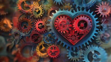 Heart-shaped gears in motion, symbolizing the mechanics of love and partnership in a creative artwork.
