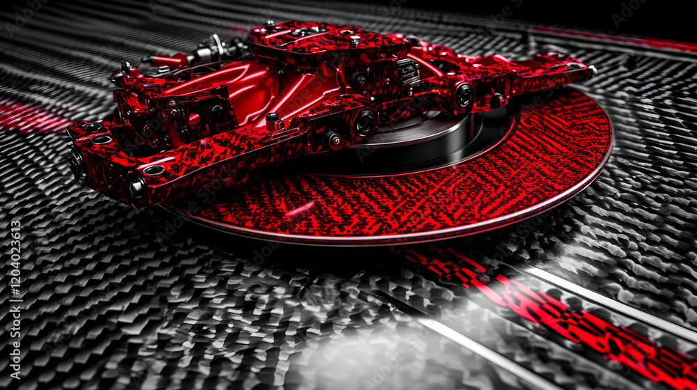 Poster close-up shot of a vibrant red, carbon fiber-patterned engine component resting on a matching surfac