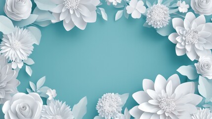 A white rectangular frame adorned with delicate floral patterns rests on a vibrant teal background, creating a fresh and elegant space for your message.