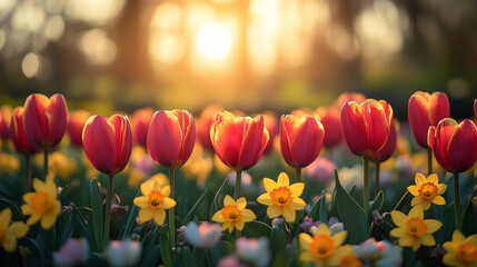 Obraz premium A flower garden with vibrant tulips and daffodils blooming in neat rows under the spring sun