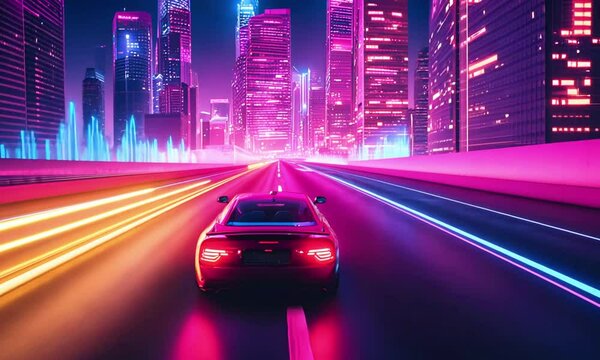 A high-speed chase featuring sleek, neon-lit cars with vaporwave trails on a grid-patterned highway. Include neon explosions and an animated skyline in the distance