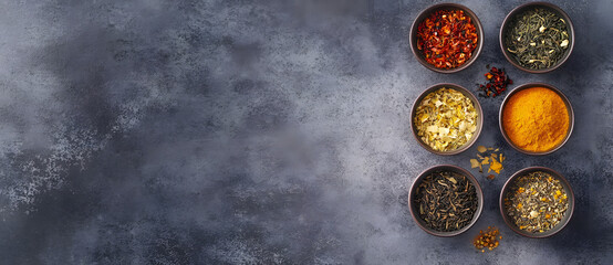 Vibrant banner with various types of tea leaves, flowers, and herbs in bowls on a grey background with copy space for text