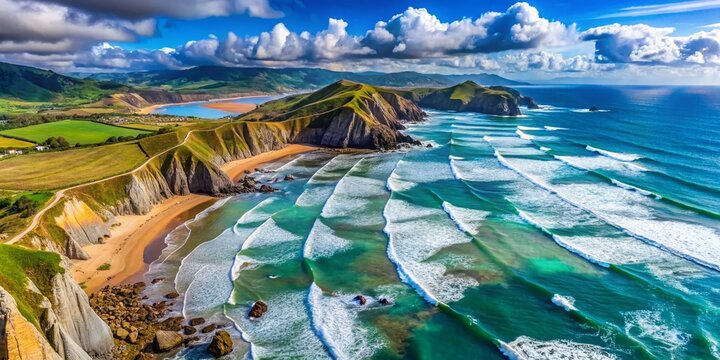 Stunning Panoramic Drone View of Barrika Coastline, Basque Country, Spain