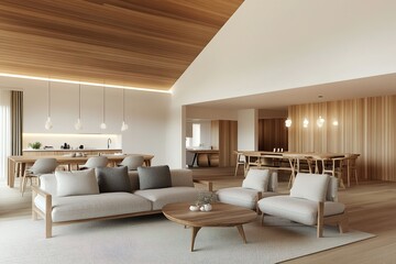 Fototapeta premium Spacious modern living room with stylish furniture and open kitchen in a warm wooden interior design