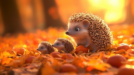 Obraz premium Adorable Hedgehog Family Autumn Leaves Sunset Nature Wildlife