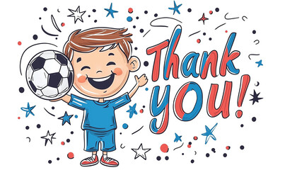 Cheerful boy holding a soccer ball with wide smile. Bold "Thank you!" text in red and blue. Stars and confetti scattered on white background. Bright, playful design for kids and sports fans