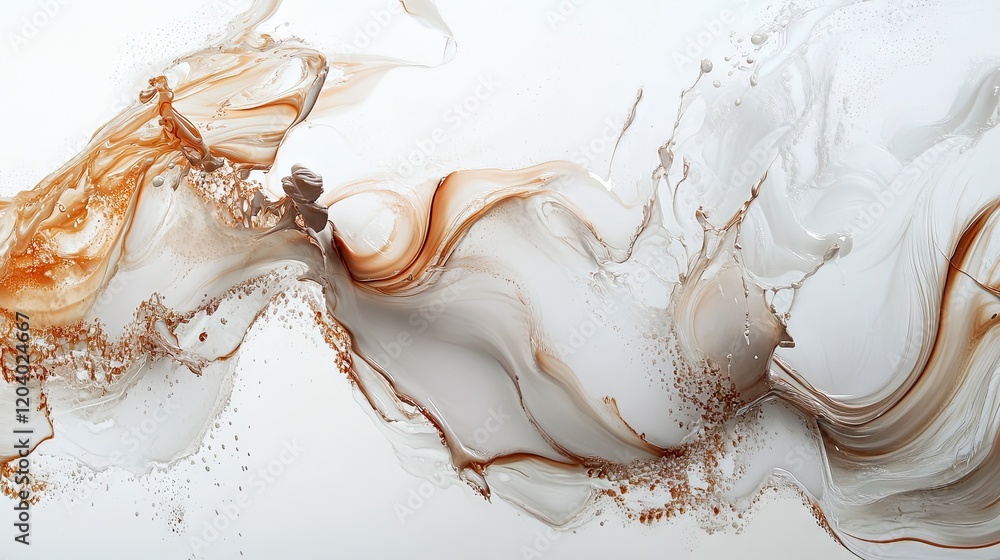 Poster milk and chocolate milk streams splashing out of glasses, creating beautiful fluid patterns on a whi
