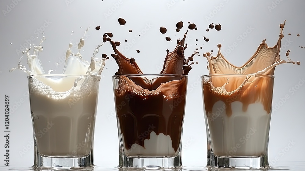 Poster milk and chocolate milk streams splashing out of glasses, creating beautiful fluid patterns on a whi