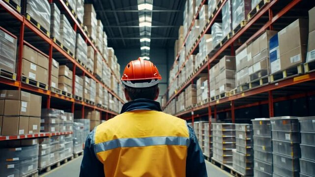 Warehouse Worker: A lone worker in safety gear walks down the aisle of a massive warehouse, surrounded by towering shelves filled with boxes.