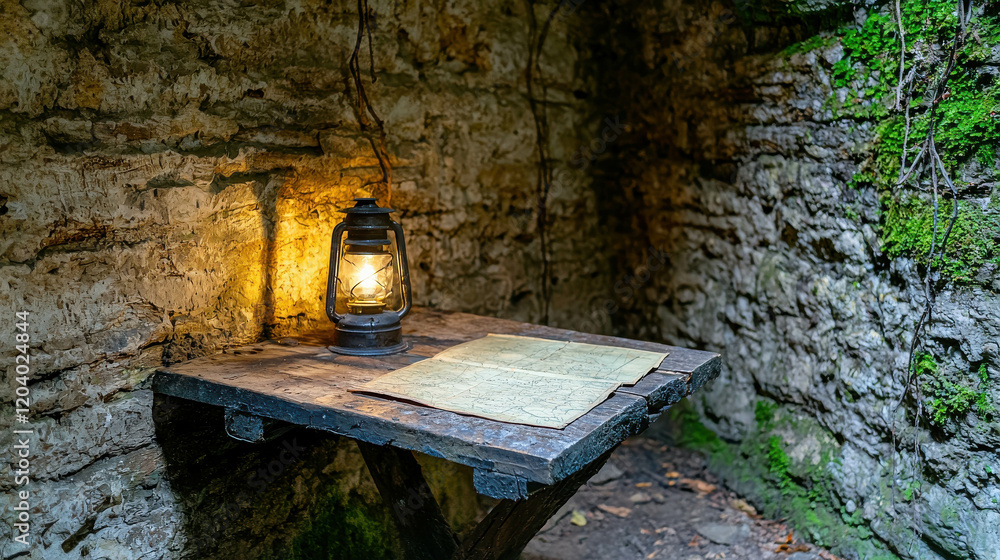Poster underground room with lantern and old map accessible through trapdoor in gloomy setting