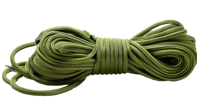 Green paracord rope coiled and ready for action on transparent background