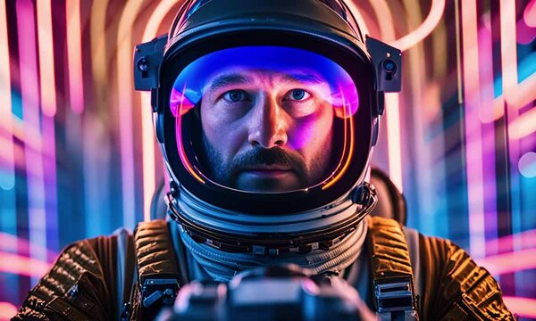 The astronaut floats amidst a neon aurora that forms intricate patterns, hinting at a deeper cosmic intelligence guiding them
