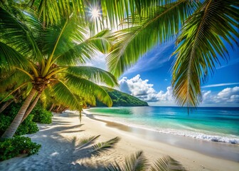 Fototapeta premium Stunning White Sand Beach, Tropical Paradise, Crystal Clear Water, Azure Ocean, Nature Photography