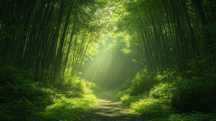 Fototapeta premium A peaceful nature trail winding through a bamboo forest, with soft sunlight filtering through
