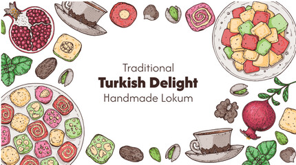 Turkish delight frame. Hand drawn vector illustration. Traditional rahat lokum. Turkish food. Oriental sweets.
