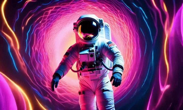 The astronaut floats amidst a neon aurora that forms intricate patterns, hinting at a deeper cosmic intelligence guiding them