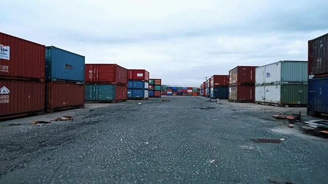 Large stacks of shipping containers in an outdoor storage yard under clear sky.