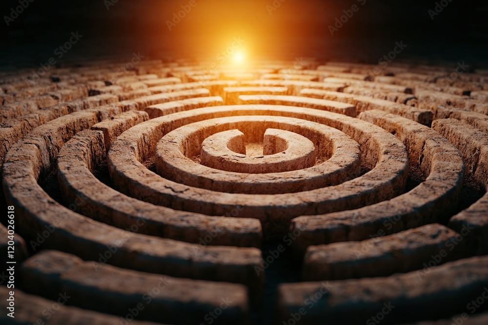 Poster a close-up view of a stone labyrinth with a glowing light at the center, symbolizing a journey or se