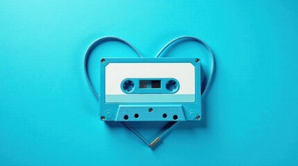 Fototapeta premium A vibrant blue cassette tape rests gently within a heart-shaped cord, symbolizing the enduring power of music and love.