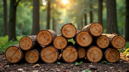 Forest Harvesting A Stack of Freshly Cut Logs in a Sunny Woodland Setting
