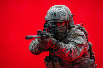 Strong and resolute soldier displays tactical readiness against a vivid red backdrop showcasing the intensity of modern warfare