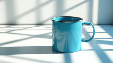 Blue enamel mug, sunlight, white table, mockup